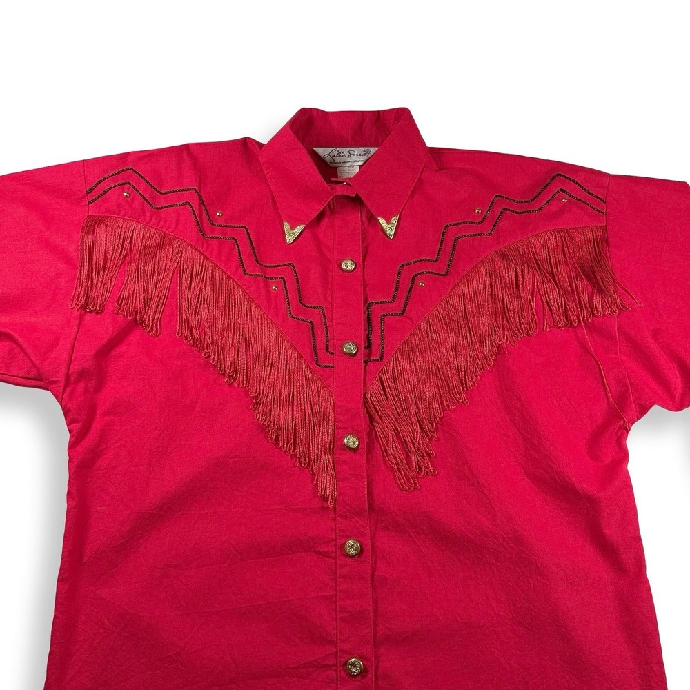 Lilia Smitty Red Western Fringe Button Down Shirt Gold Studs Vintage Large USA